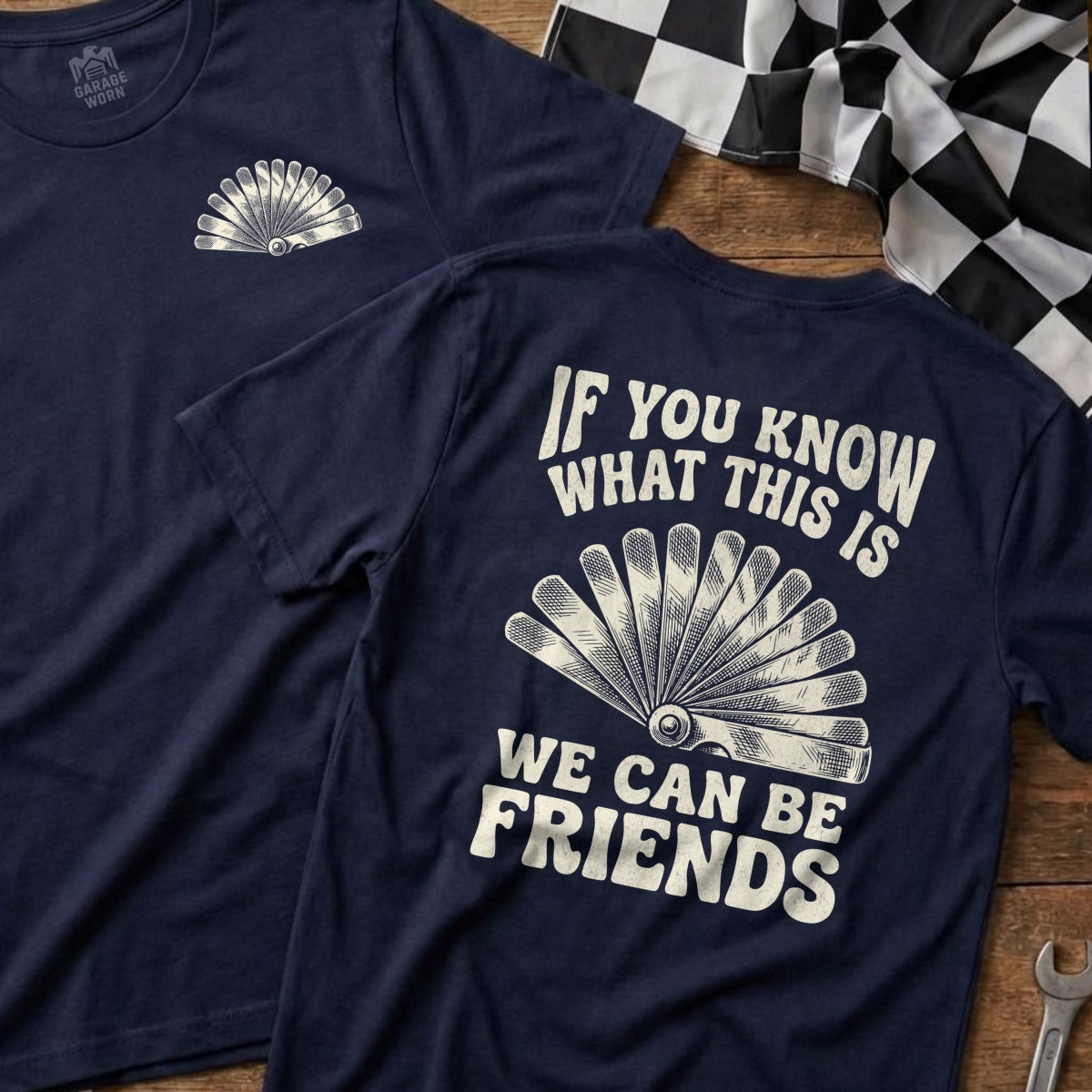Navy t-shirt with fan gauge graphic and "If you know what this is, we can be friends" text.