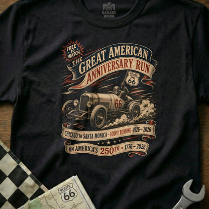 Great American Anniversary Run Route 66 t-shirt with vintage car and text.