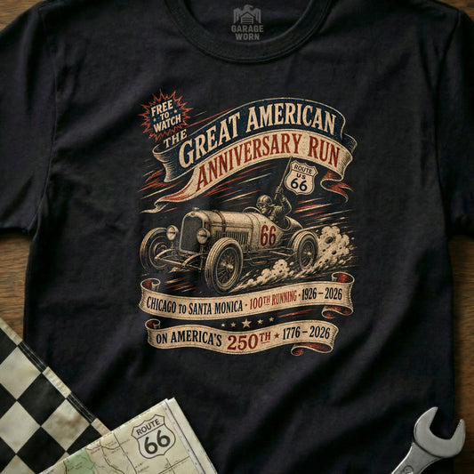 Great American Anniversary Run Route 66 t-shirt with vintage car and text.