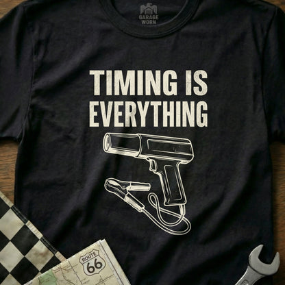 Black t-shirt with "Timing is Everything" and a white timing light graphic.