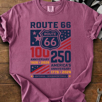 Route 66 and America's anniversary graphic on a purple t-shirt.