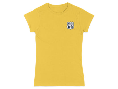 Yellow t-shirt with Route 66 shield logo on left chest.