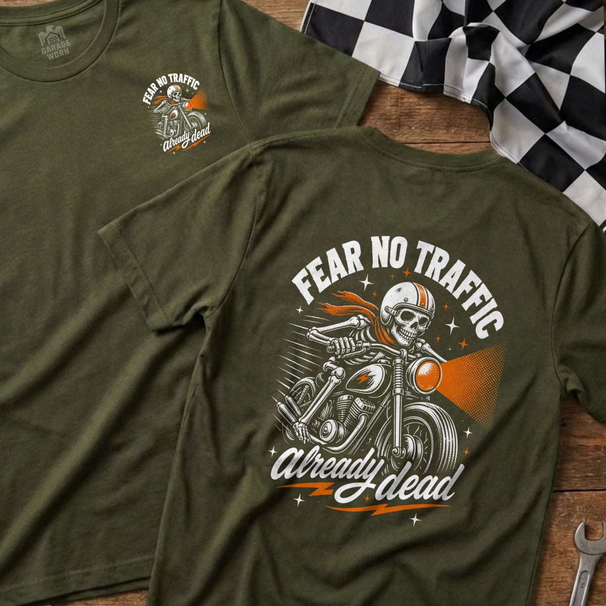 T-shirt with skeleton biker graphic and text "FEAR NO TRAFFIC Already dead".