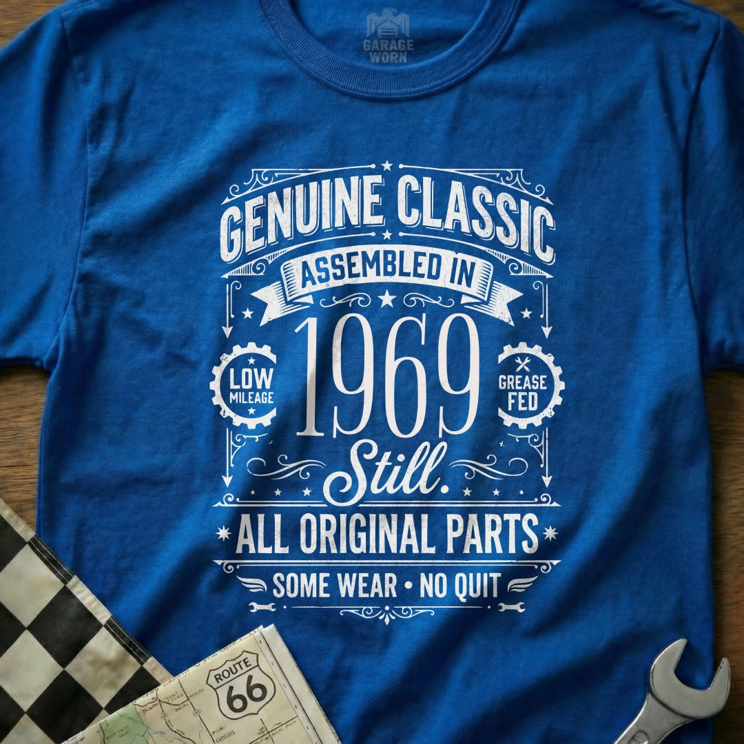Blue t-shirt with "Genuine Classic Assembled in 1969" text and Route 66 graphic.