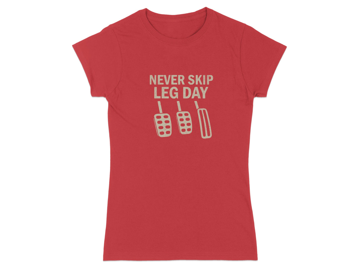 Red t-shirt with "NEVER SKIP LEG DAY" text and car pedals graphic.