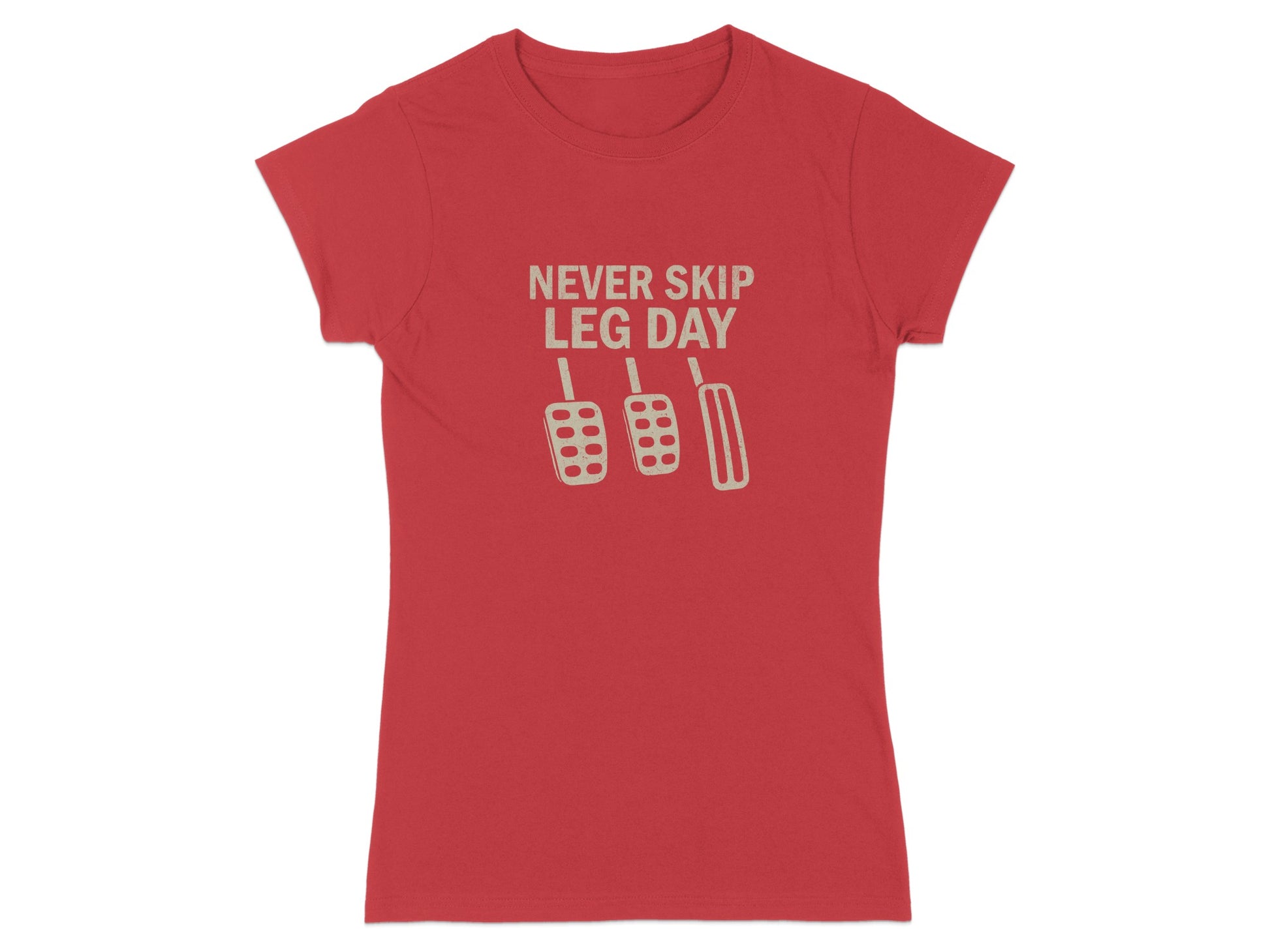 Red t-shirt with "NEVER SKIP LEG DAY" text and car pedals graphic.