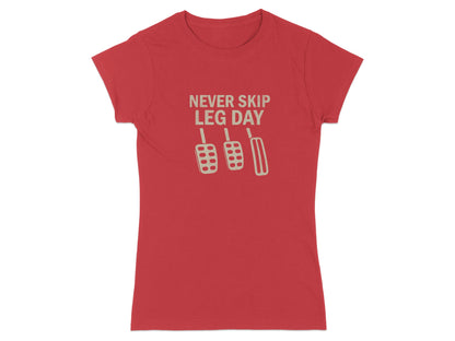 Red t-shirt with "NEVER SKIP LEG DAY" text and car pedals graphic.