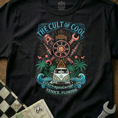 "The Cult of Cool" graphic with Volkswagen van, palm trees, waves, and mechanic tools.