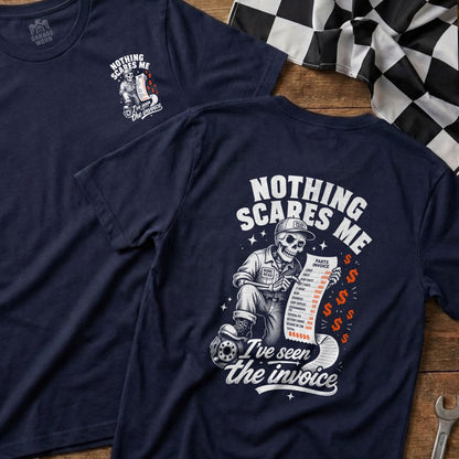 Navy t-shirt with skeleton holding parts invoice, text reads "Nothing scares me, I've seen the invoice".