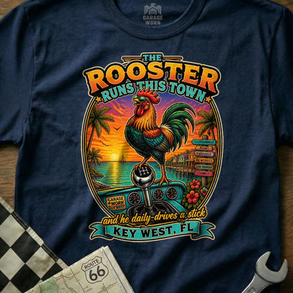 Rooster on a stick shift with Key West sunset and town scene.