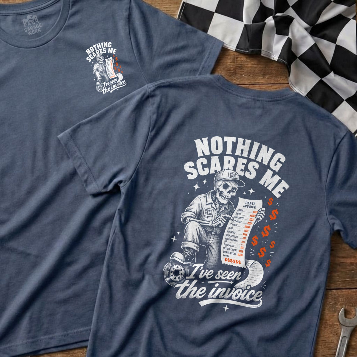 Skeleton mechanic holding invoice with text "Nothing scares me. I've seen the invoice."