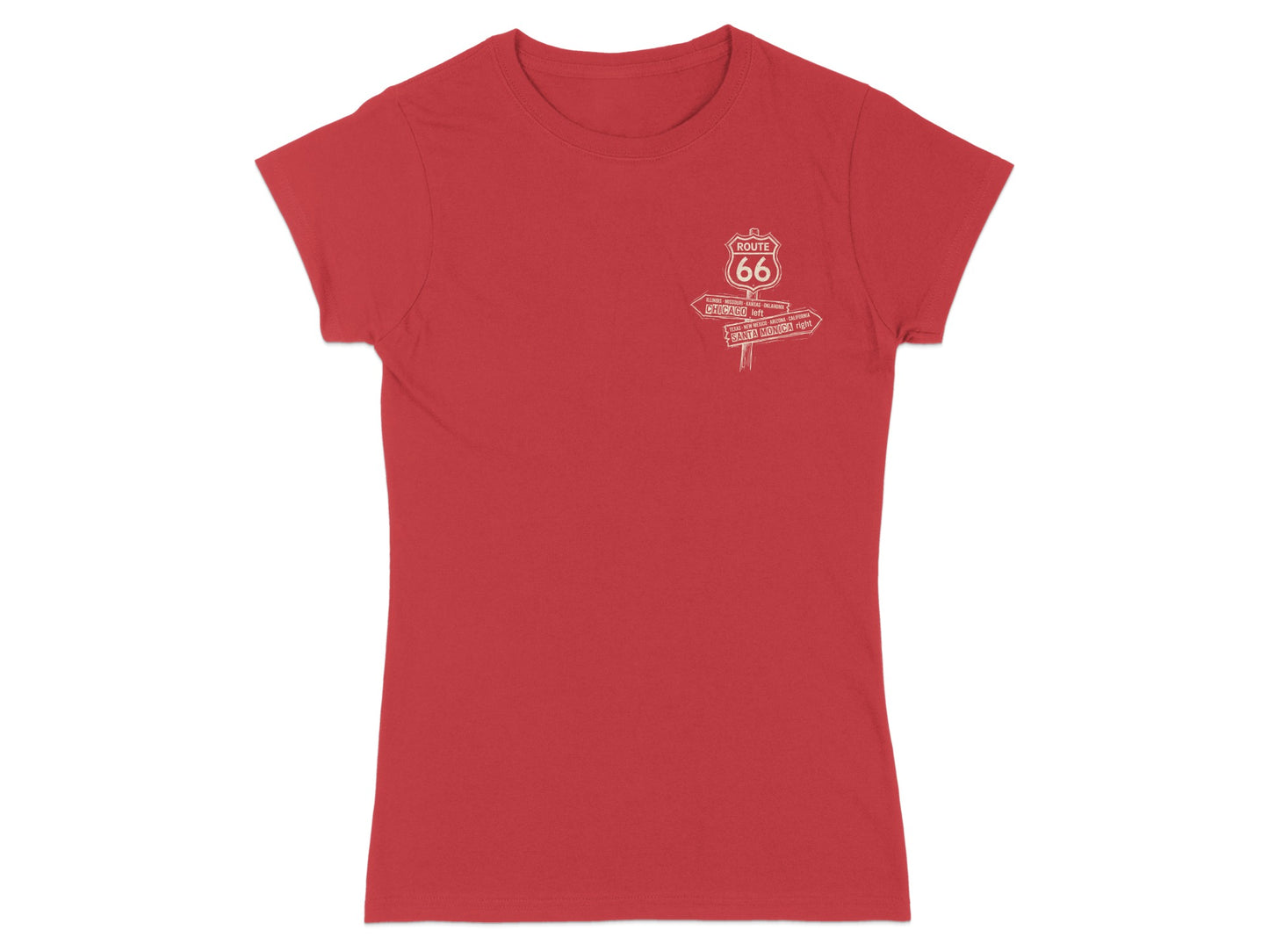 Red t-shirt with Route 66 signpost graphic listing states and destinations.