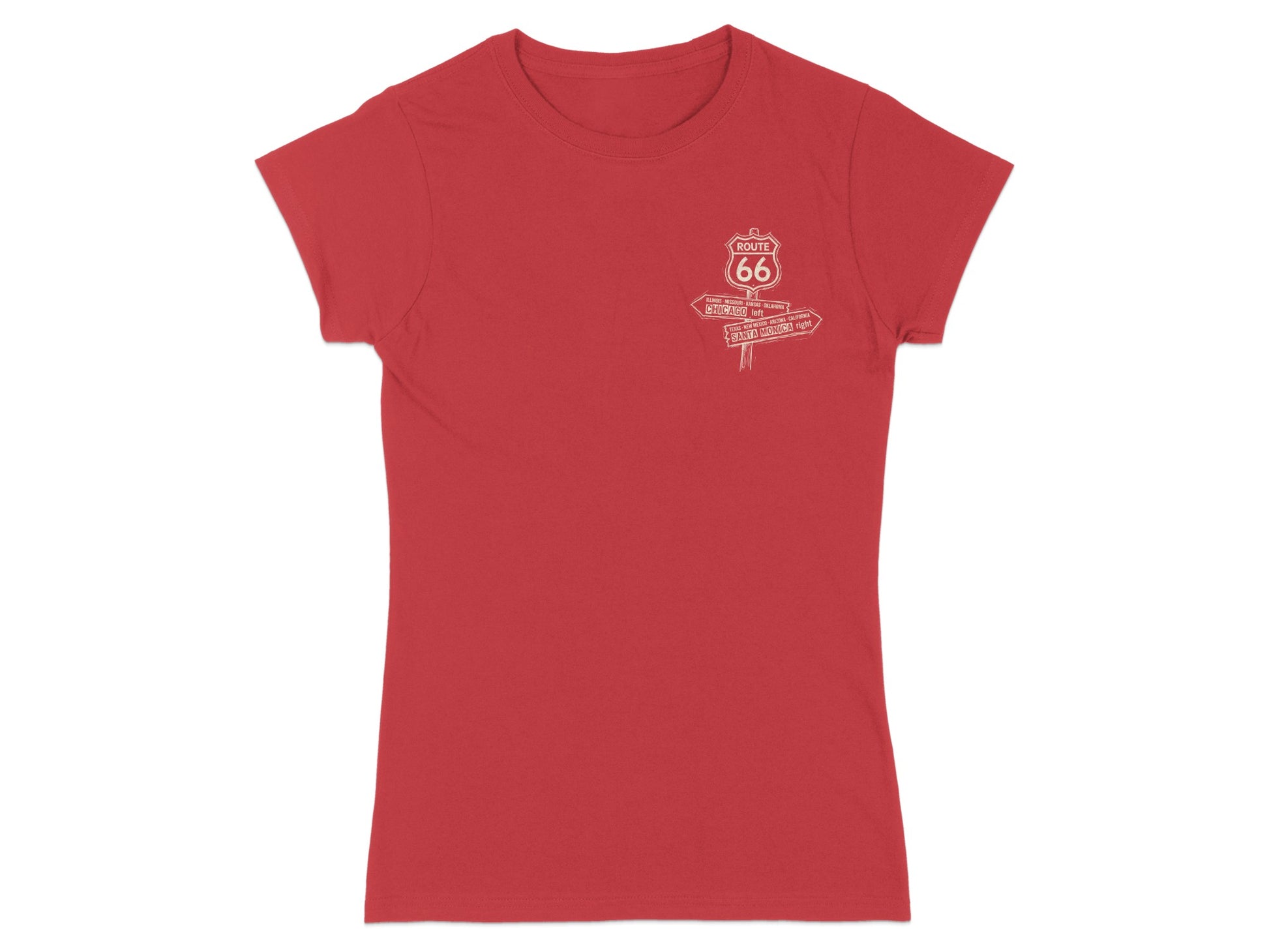 Red t-shirt with Route 66 signpost graphic listing states and destinations.