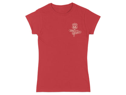 Red t-shirt with Route 66 signpost graphic listing states and destinations.