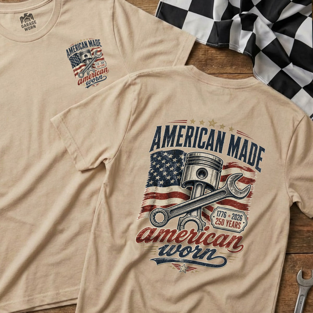 Tan t-shirt with American flag, piston, wrench, and "American Made" text.
