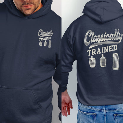 Navy hoodie with "Classically TRAINED" and three pedal graphics.