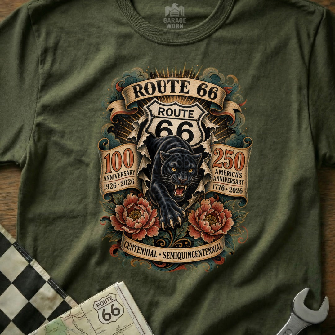 Route 66 t-shirt featuring a black panther, 100 and 250 anniversary text.
