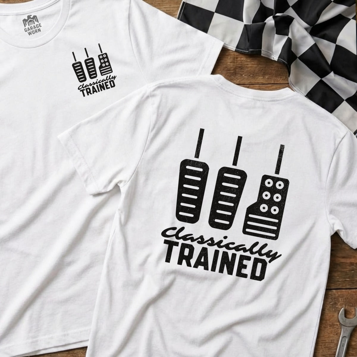 White t-shirt with three vertical pedals and "Classically Trained" text.