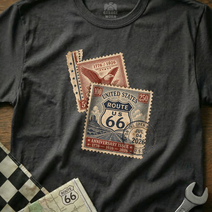 T-shirt with Route 66 anniversary stamps: 1776, 1926, 2026.