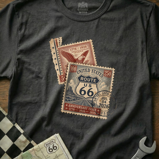 T-shirt with Route 66 anniversary stamps: 1776, 1926, 2026.