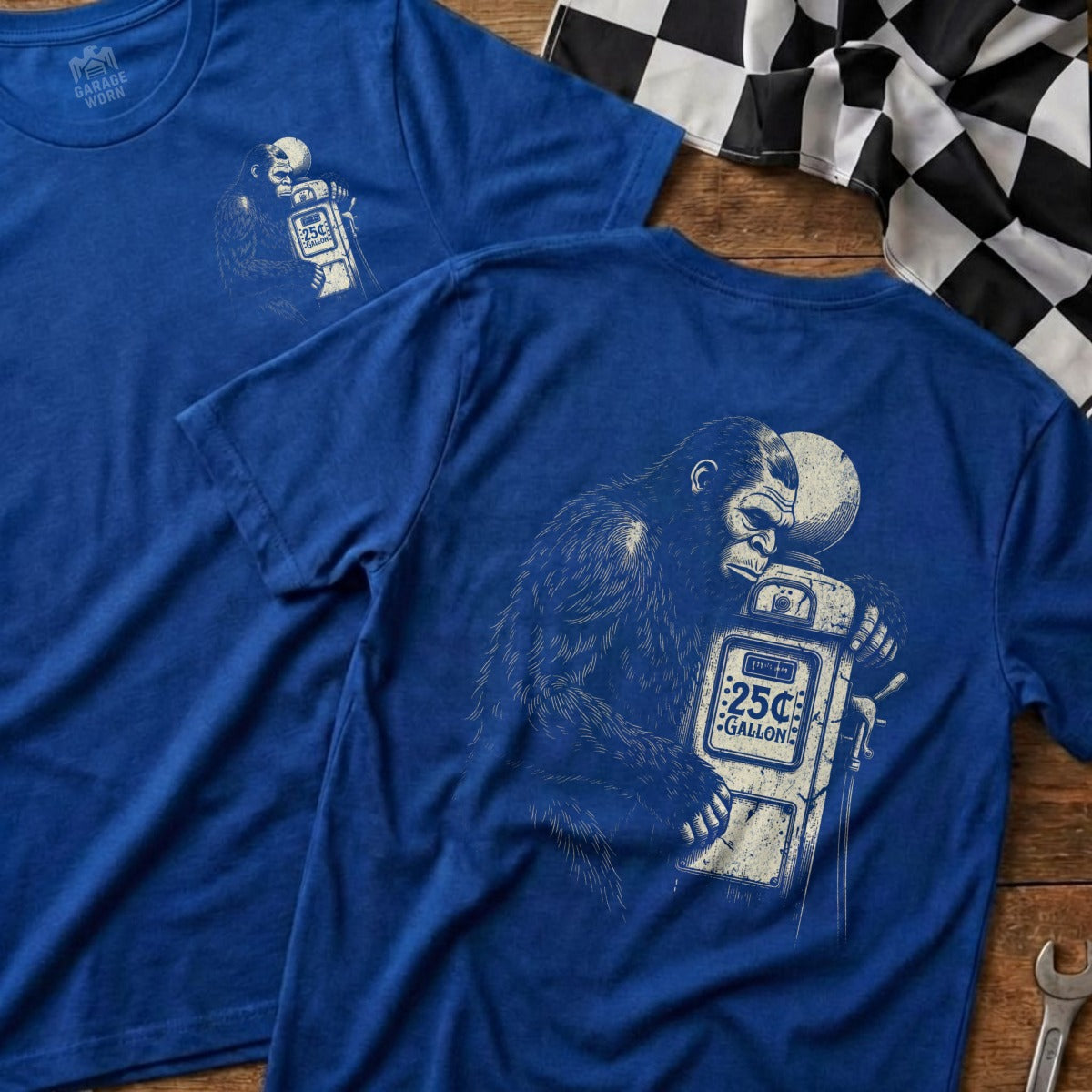 Blue t-shirt with gorilla at gas pump graphic.