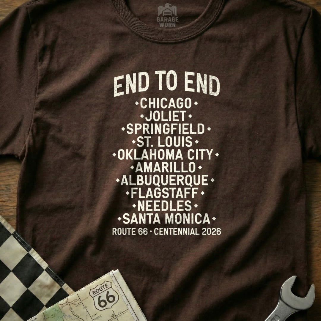 Brown t-shirt with "End to End" route 66 cities and centennial 2026.