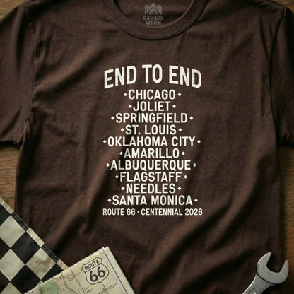 Brown t-shirt with "End to End" route 66 cities and centennial 2026.