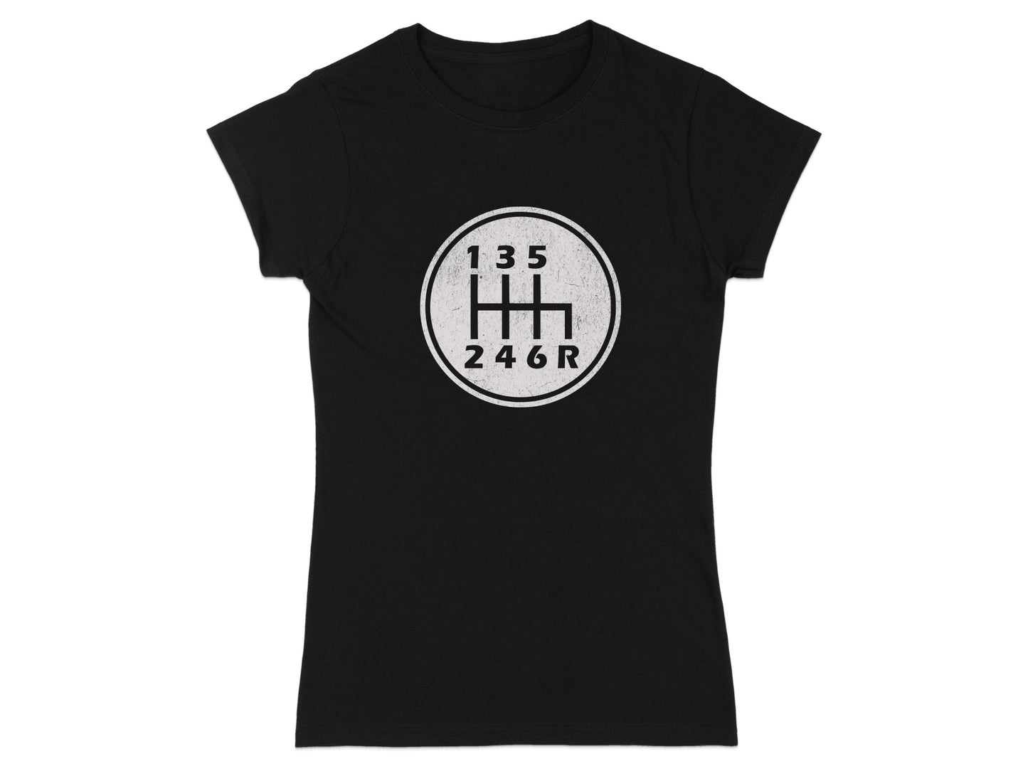 Black t-shirt with a white manual transmission shift pattern graphic.