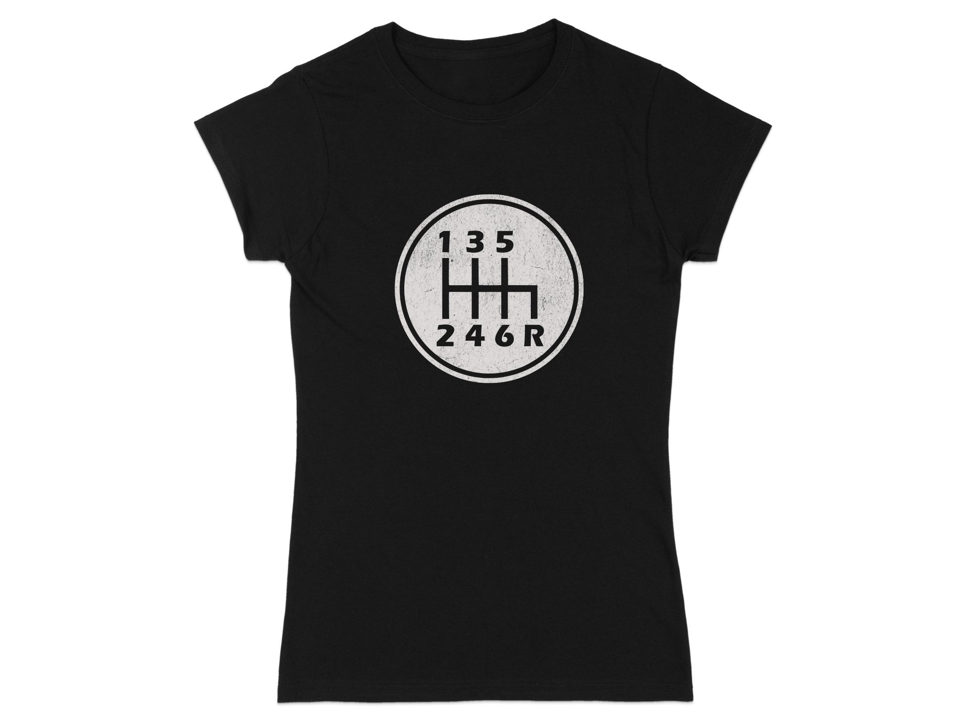 Black t-shirt with a white manual transmission shift pattern graphic.