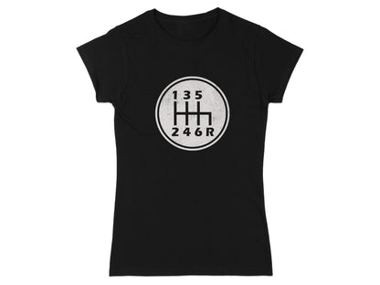 Black t-shirt with a white manual transmission shift pattern graphic.