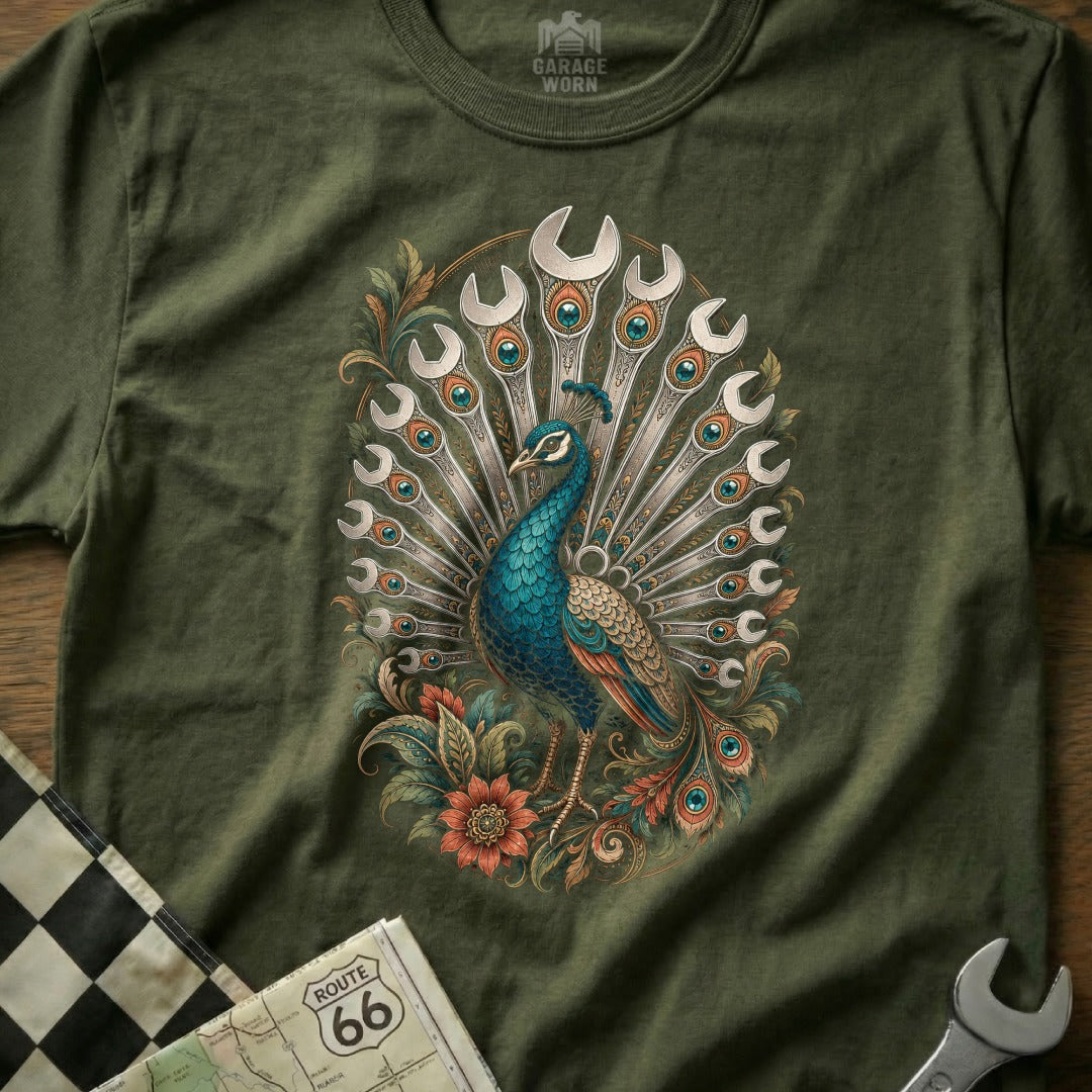Peacock with fan of wrenches and ornate floral details on green t-shirt.