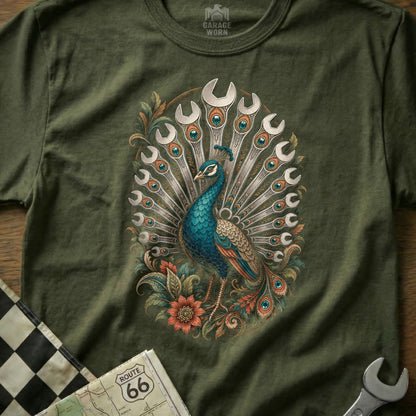 Peacock with fan of wrenches and ornate floral details on green t-shirt.