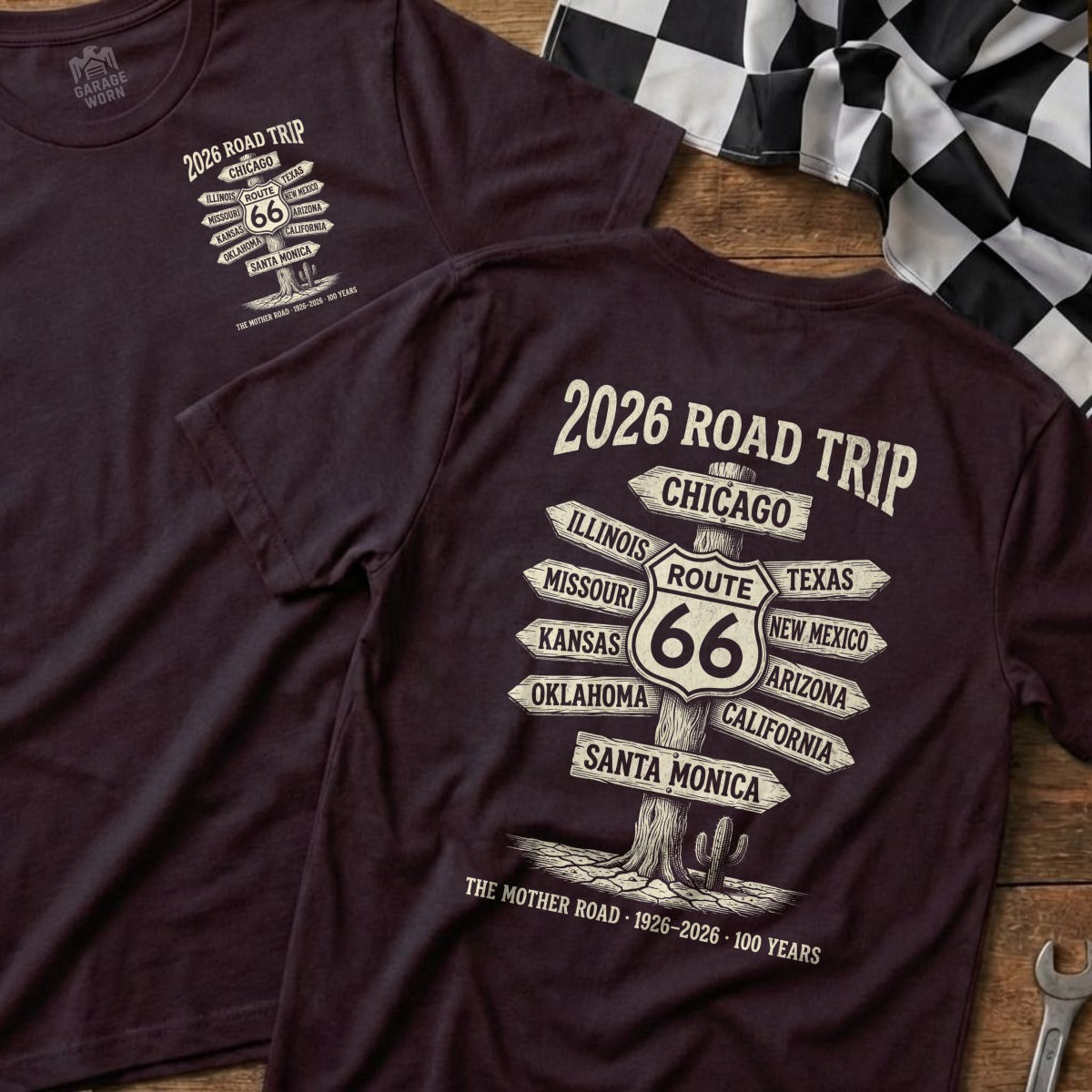 Maroon t-shirt with Route 66 cities and 100 years text.
