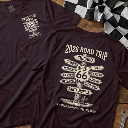 Maroon t-shirt with Route 66 cities and 100 years text.