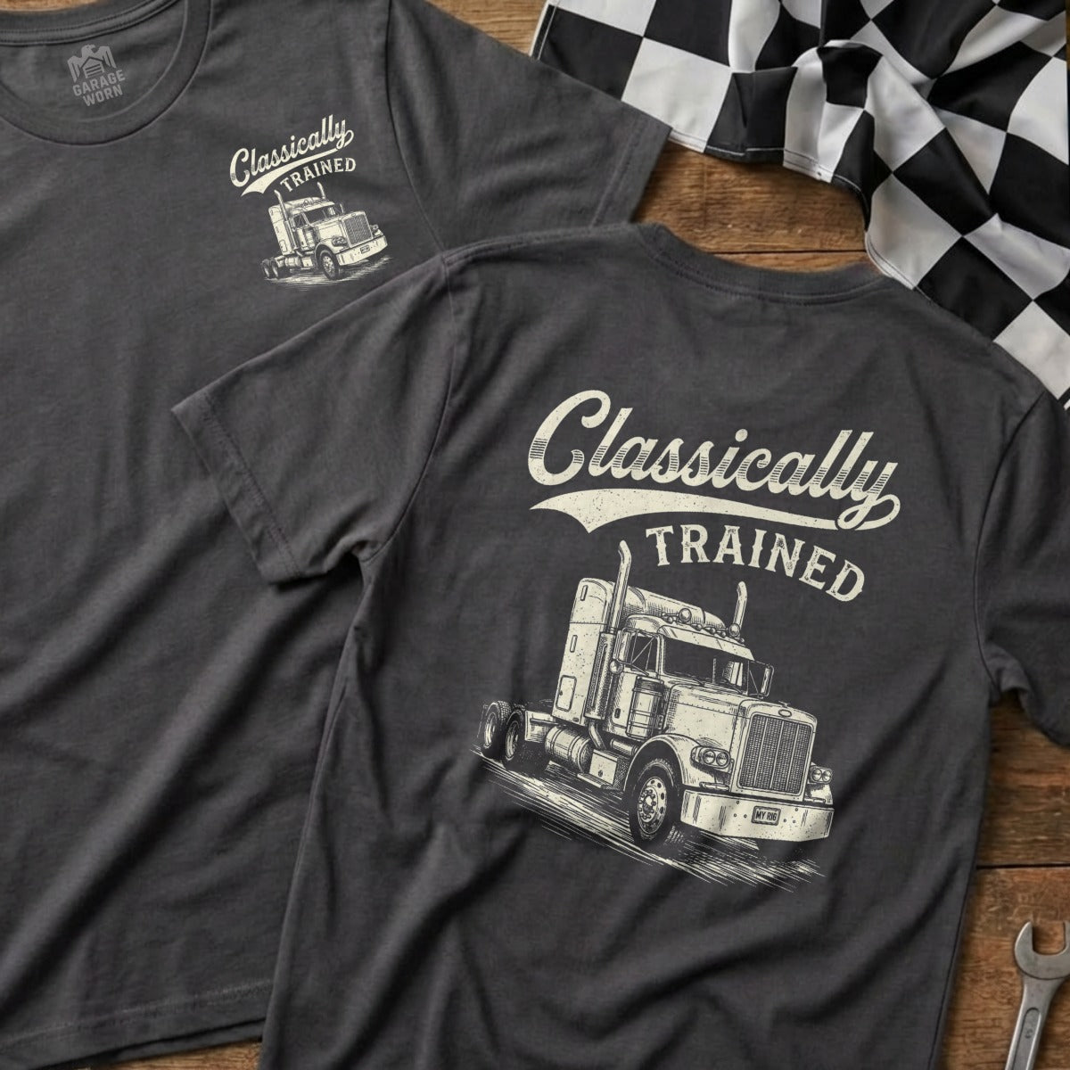 T-shirt with "Classically Trained" text and line art of a semi-truck.