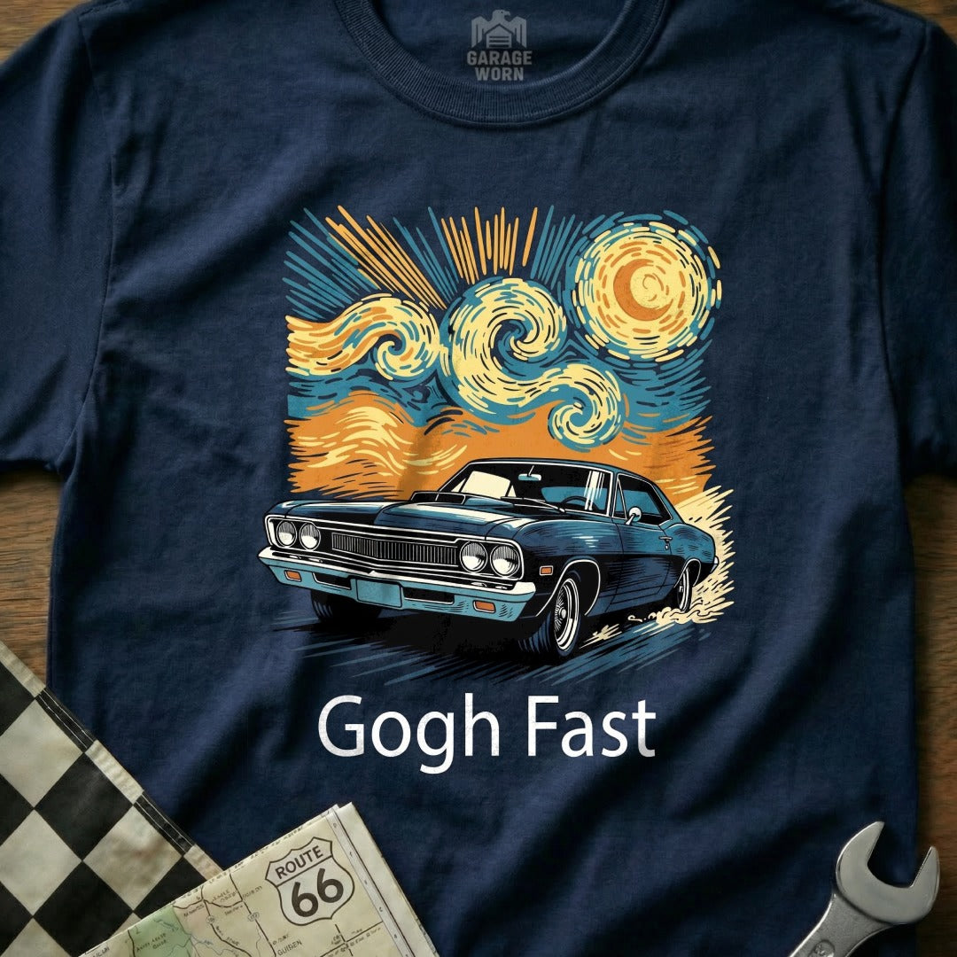 Dark blue t-shirt with a vintage car and "Gogh Fast" text.