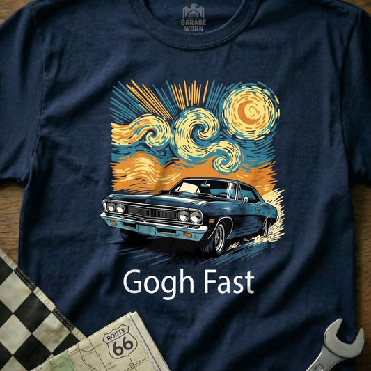 Dark blue t-shirt with a vintage car and "Gogh Fast" text.