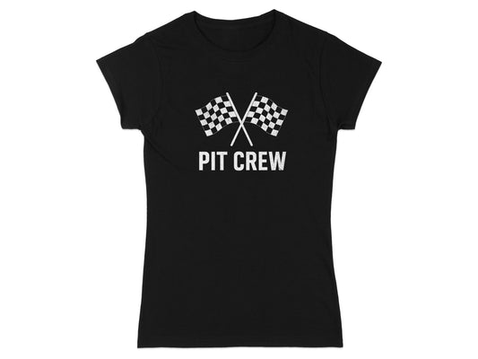 Black T-shirt with Pit Crew and Checkered Flags Graphic