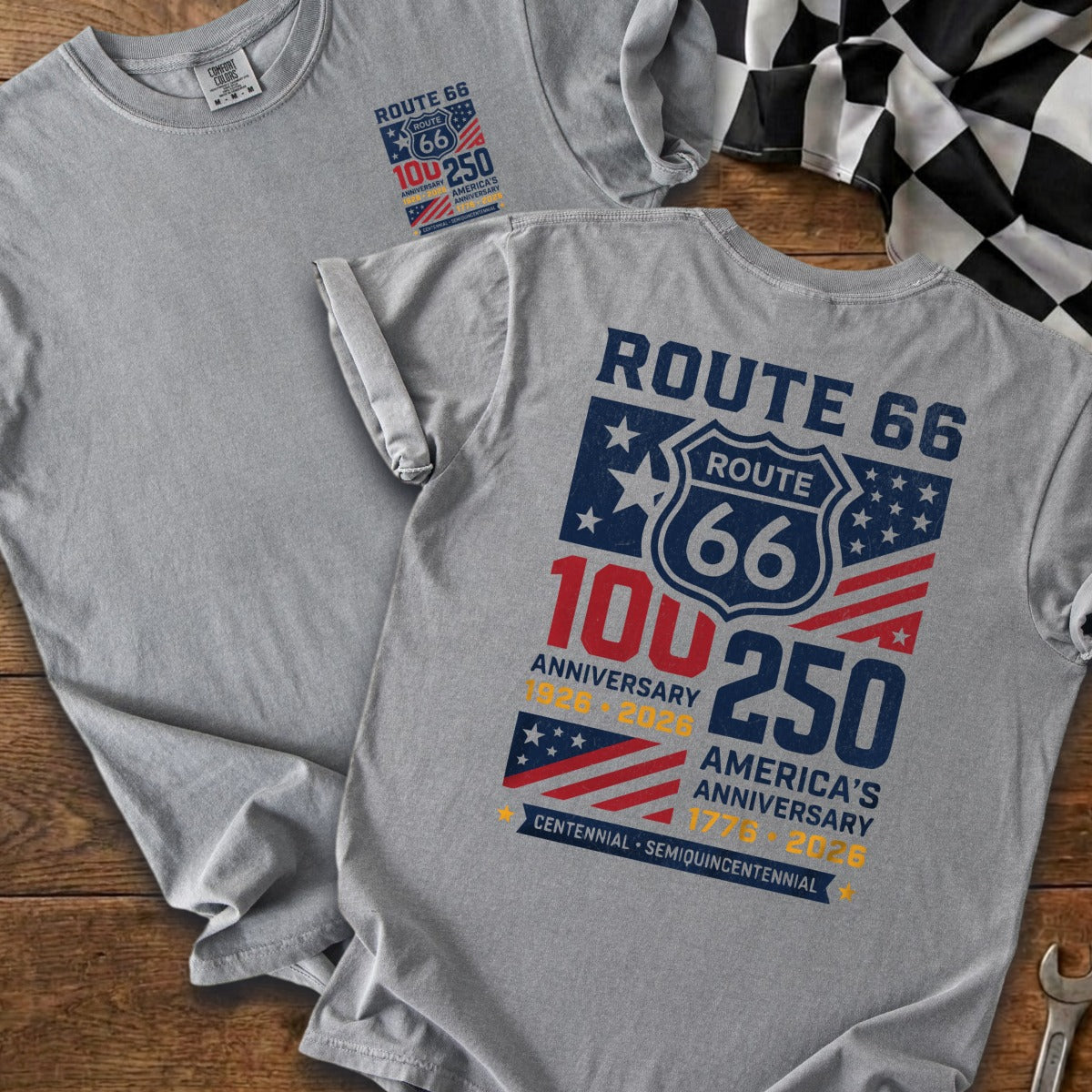 Gray t-shirt with "Route 66" 100th and 250th-anniversary graphic.