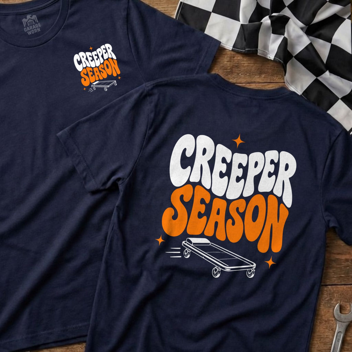 Navy t-shirts with "Creeper Season" text and a rolling stretcher graphic.