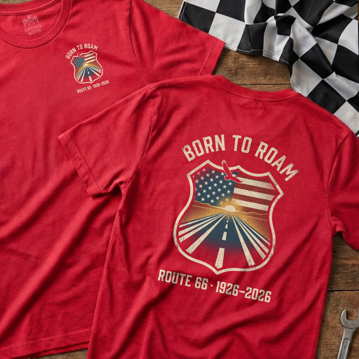Red t-shirt with "Born to Roam" and Route 66 sunset graphic.