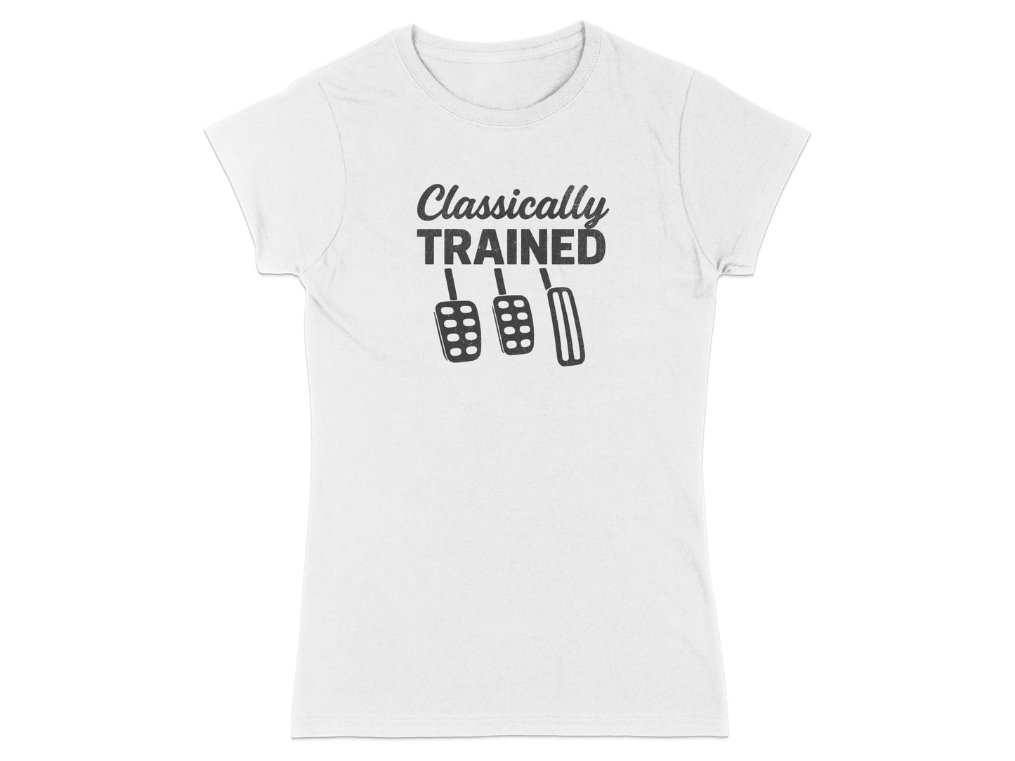 White t-shirt with "Classically Trained" and three pedal icons.