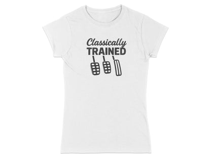 White t-shirt with "Classically Trained" and three pedal icons.