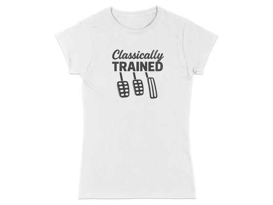 White t-shirt with "Classically Trained" and three pedal icons.