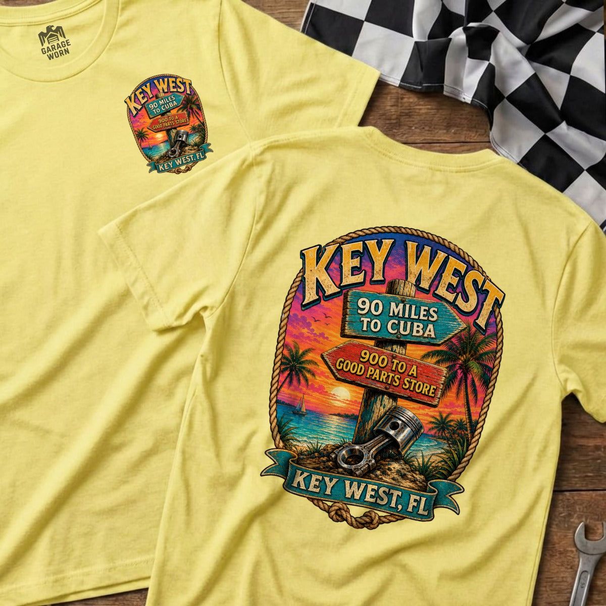 Yellow t-shirt with Key West "90 Miles to Cuba" graphic and piston.