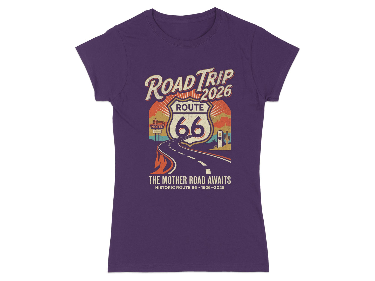 Purple t-shirt with Route 66 road trip graphic and text.