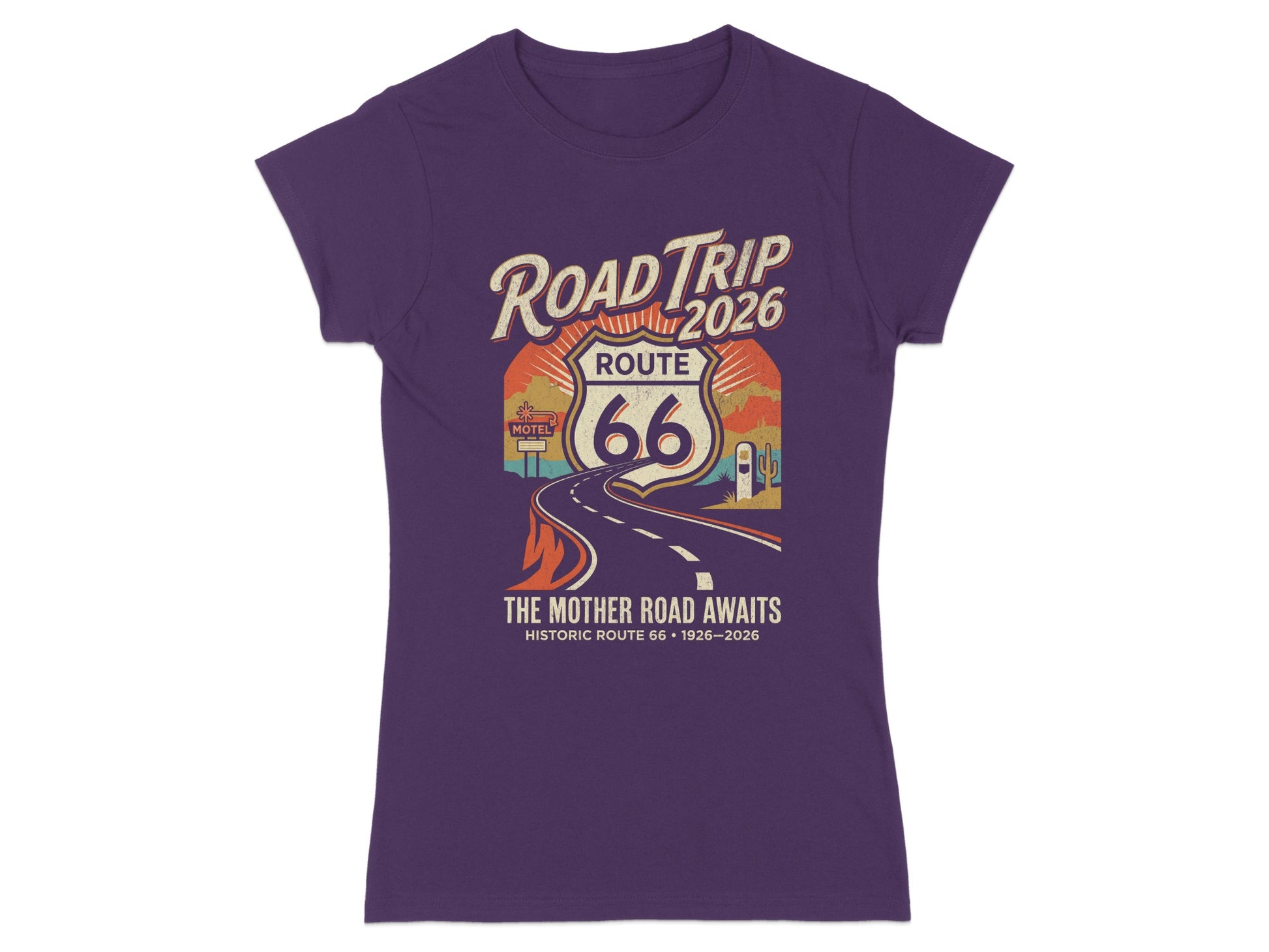 Purple t-shirt with Route 66 road trip graphic and text.