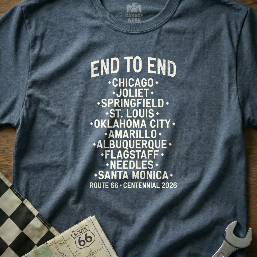 T-shirt listing Route 66 cities from Chicago to Santa Monica.