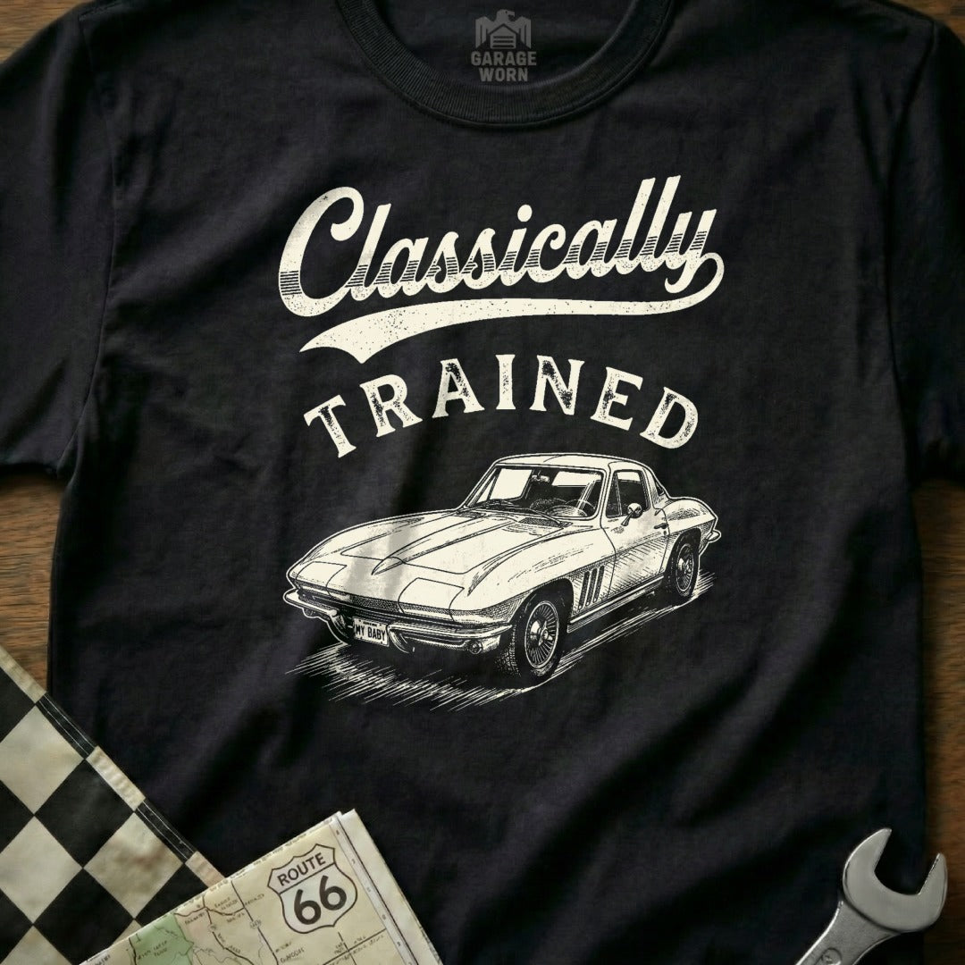 Black t-shirt with "Classically TRAINED" text and vintage car graphic.