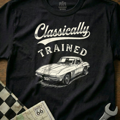 Black t-shirt with "Classically TRAINED" text and vintage car graphic.